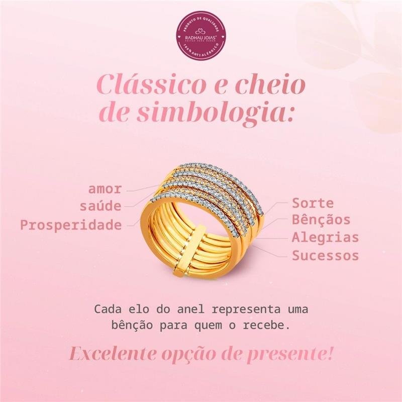 ANEL 7 ELOS COM PEDRAS DE ZIRCÔNIAS CRISTAL FOLHEADO A OURO