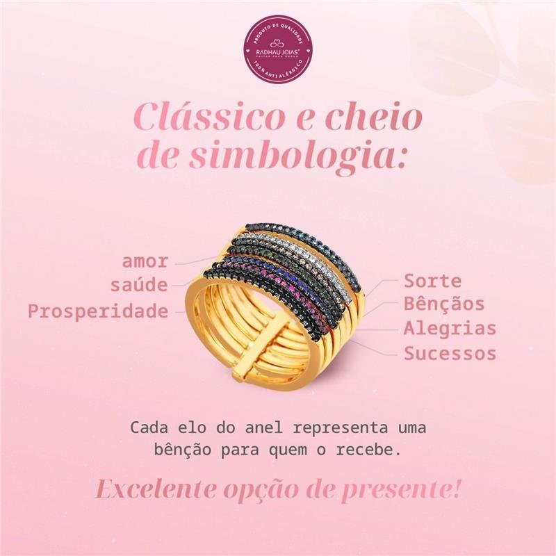 ANEL 7 ELOS COM PEDRAS DE ZIRCÔNIAS COLORIDAS FOLHEADO A OURO