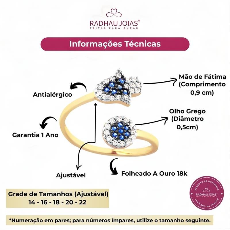 ANEL MÃO DE FÁTIMA E OLHO GREGO CRAVEJADOS COM ZIRCÔNIAS AQUAMARINE E CRISTAL FOLHEADO A OURO