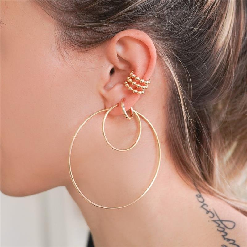 BRINCO PIERCING TRES FILEIRAS DE BOLINHAS FOLHEADO A OURO