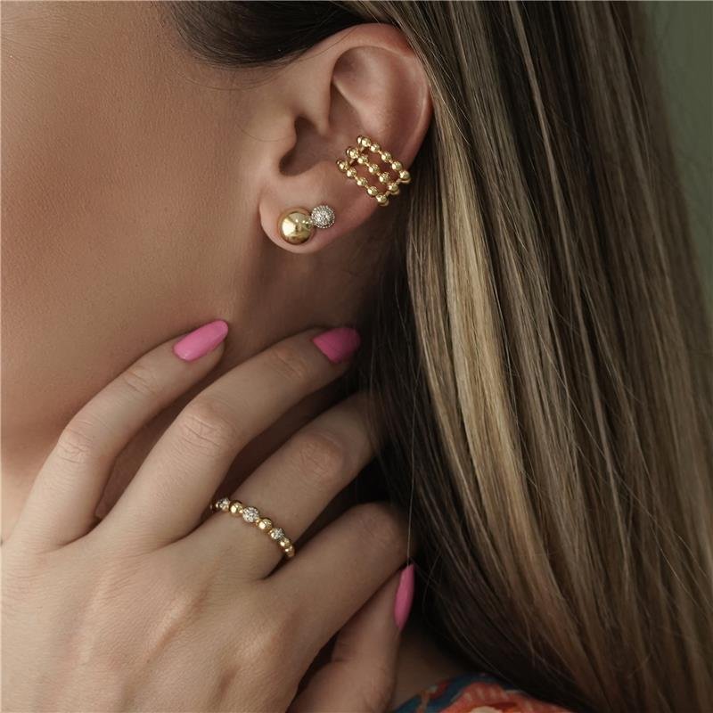 BRINCO PIERCING TRES FILEIRAS DE BOLINHAS FOLHEADO A OURO