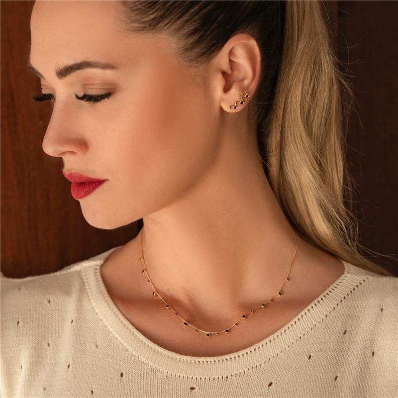 Brinco Ear Cuff Zircônia Preta Folheado A Ouro 