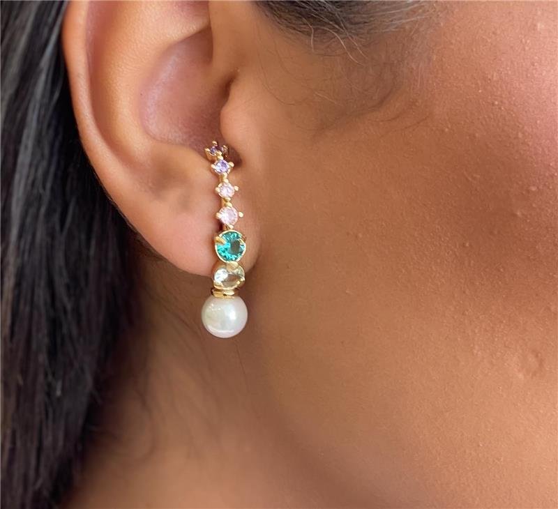 Brinco Ear Hook Com Pedras Coloridas Folheado A Ouro