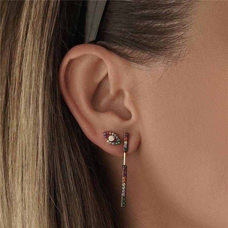 BRINCO ESTILO PALITO COM PEDRAS DE ZIRCÔNIAS MULTICOLOR FOLHEADO A OURO