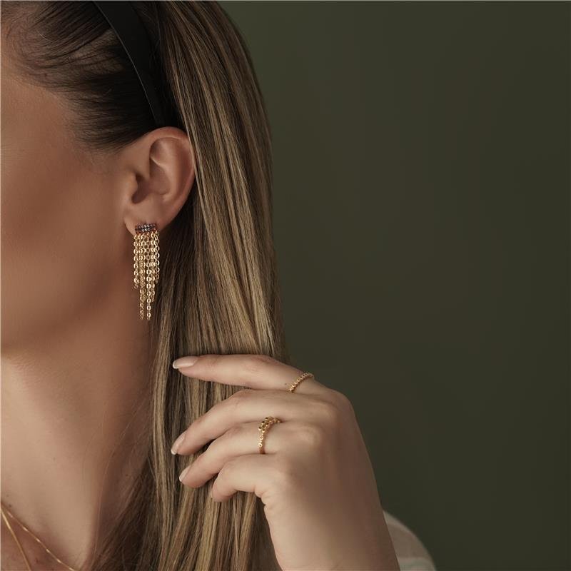 BRINCO ALONGADO COM CORRENTES E PEDRAS DE ZIRCONIAS MULTICOLOR FOLHEADO A OURO