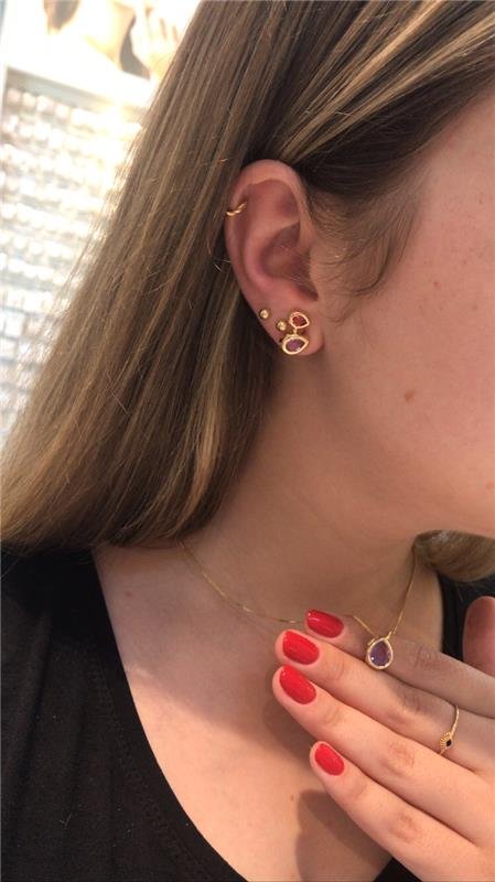 BRINCO EAR CUFF GOTA LAVANDA E GOTINHA PINK FOLHEADO A OURO