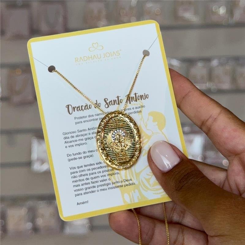 GARGANTILHA SANTO ANTONIO COM PEDRAS DE ZIRCÔNIAS CRISTAL FOLHEADO A OURO