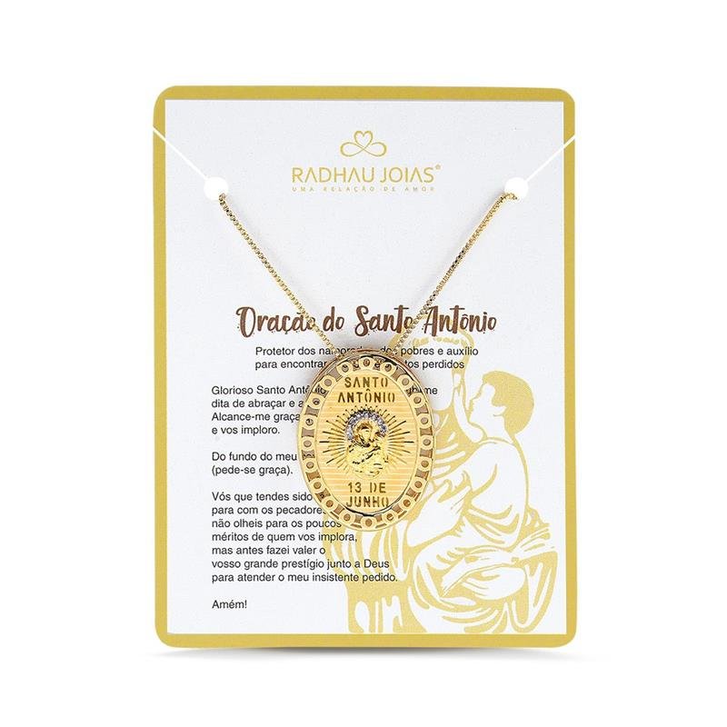 GARGANTILHA SANTO ANTONIO COM PEDRAS DE ZIRCÔNIAS CRISTAL FOLHEADO A OURO