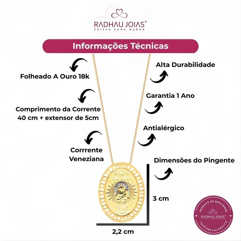 GARGANTILHA SANTO ANTONIO COM PEDRAS DE ZIRCÔNIAS CRISTAL FOLHEADO A OURO