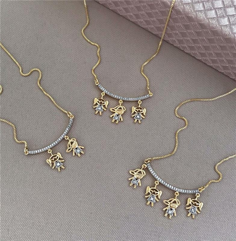 GARGANTILHA CANGA COM DOIS FILHOS (A ESCOLHA) COM PEDRAS DE ZIRCÔNIAS FOLHEADA A OURO