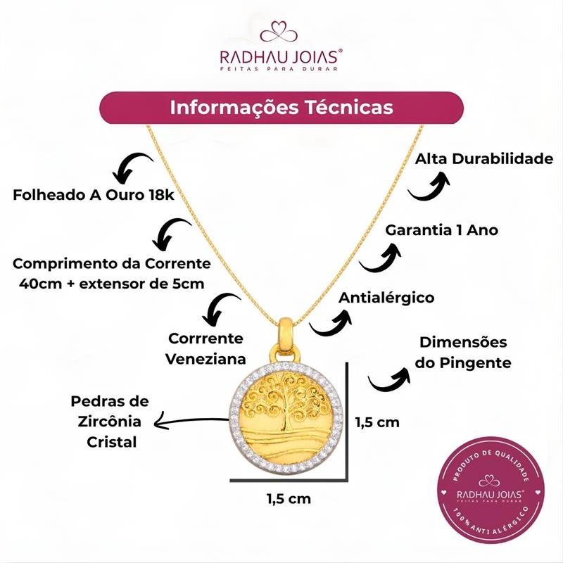 GARGANTILHA ÁRVORE DA VIDA COM PEDRAS DE ZIRCÔNIAS FOLHEADO A OURO