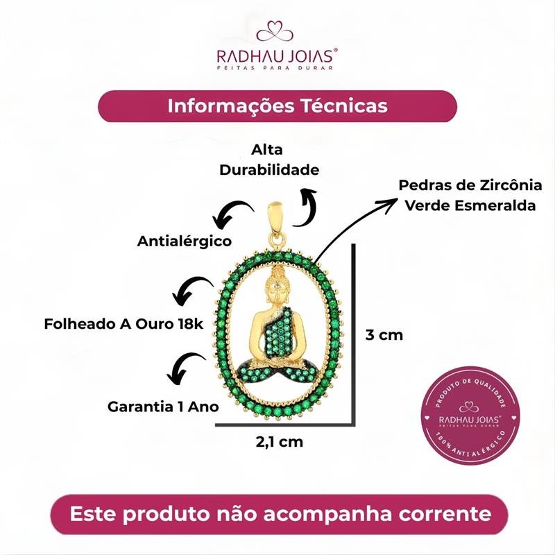 PINGENTE BUDA DE JADE COM PEDRAS DE ZIRCÔNIA VERDE ESMERALDA FOLHEADO A OURO