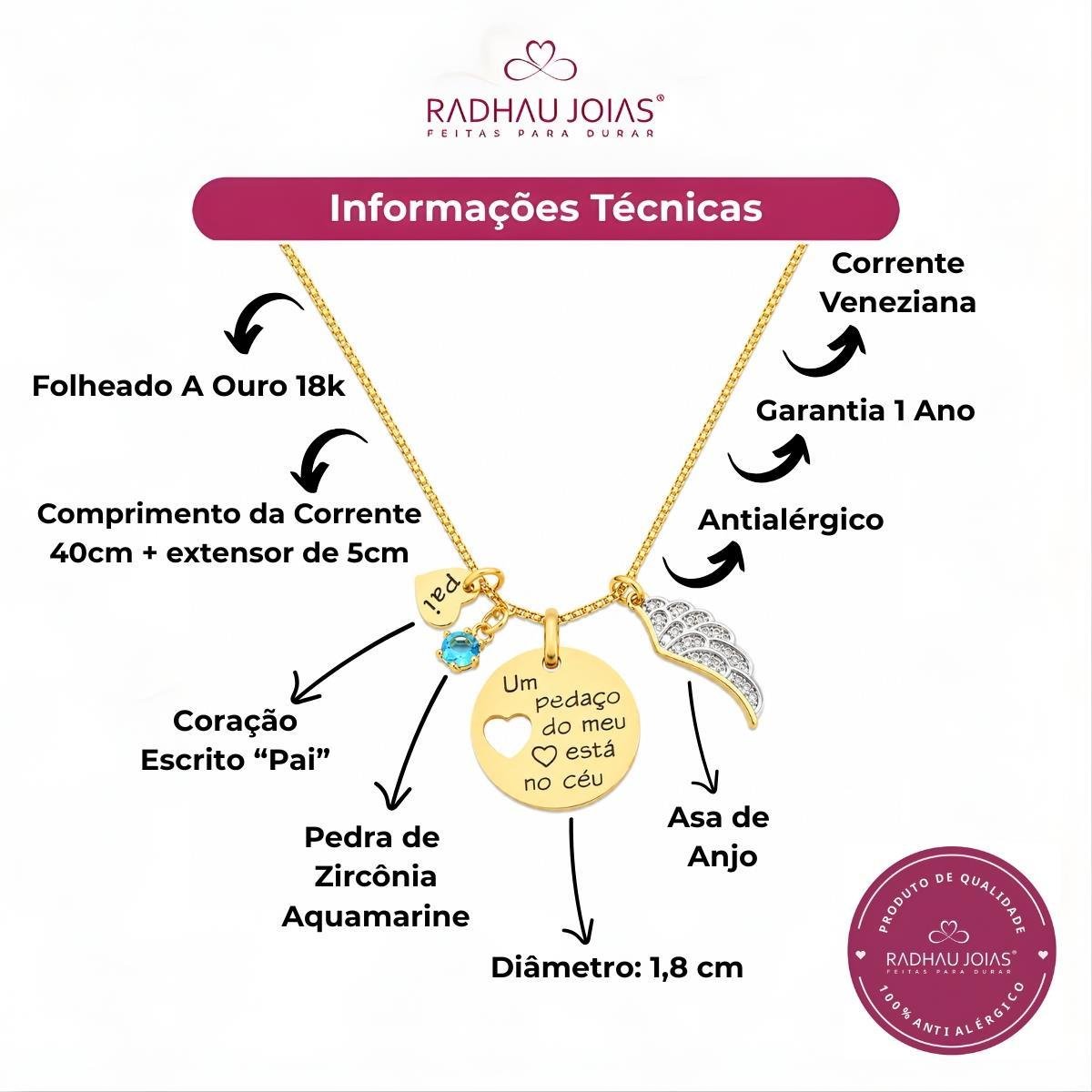 GARGANTILHA COLEÇÃO ANJOS DA LUZ PLACA COM ASA E PING PAI E PONTO DE LUZ COM PEDRAS DE ZIRCONIAS FOLHEADA A OURO