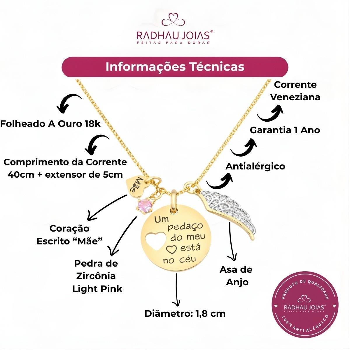 GARGANTILHA COLEÇÃO ANJOS DA LUZ PLACA COM ASA E PING MÃE E PONTO DE LUZ COM PEDRAS DE ZIRCONIAS FOLHEADA A OURO