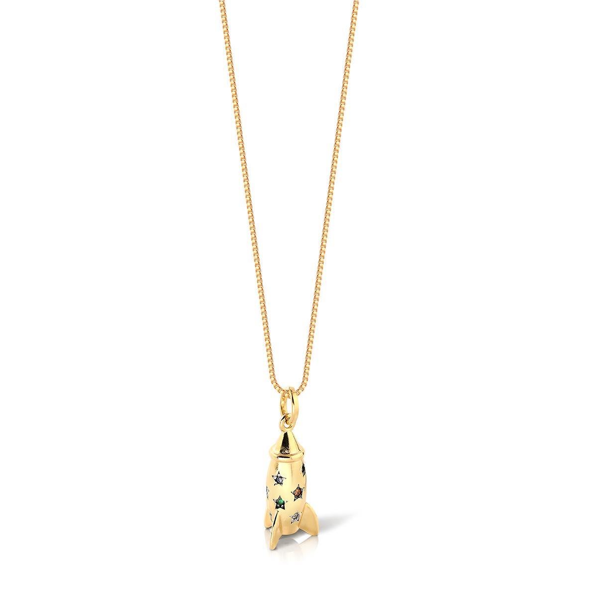 GARGANTILHA COM PINGENTE FOGUETE COM PEDRAS MULTICOLOR FOLHEADO A OURO