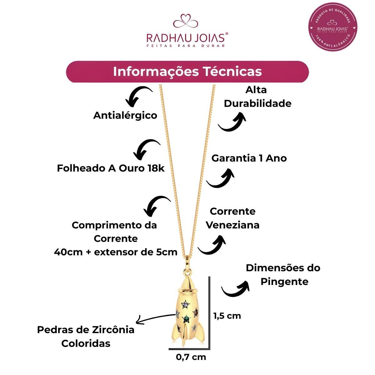 GARGANTILHA COM PINGENTE FOGUETE COM PEDRAS MULTICOLOR FOLHEADO A OURO