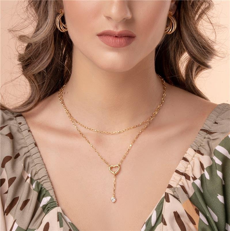 GARGANTILHA ELO CARTIER 80CM FECHO CORAÇÃO LISO COM PONTO DE LUZ CORAÇÃO FOLHEADA A OURO