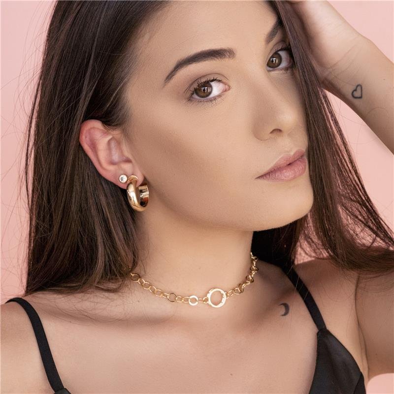 GARGANTILHA CHOKER 35CM COM CIRCULO ELO CARTIER FOLHEADA A OURO