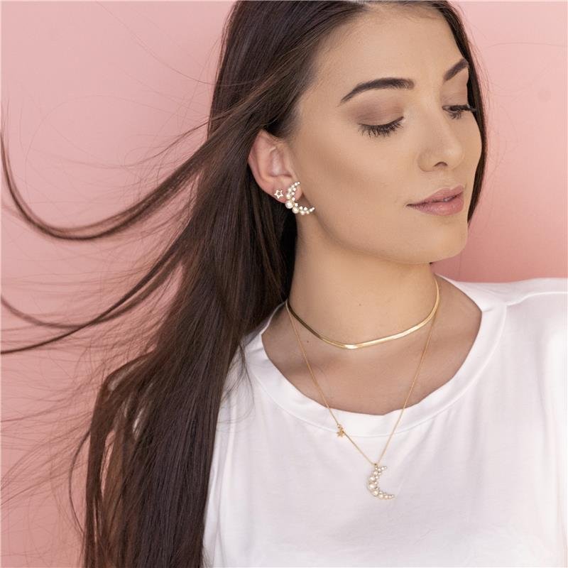 GARGANTILHA 50CM COM EXTENSOR DE 5CM MEIA LUA COM PÉROLAS E PEDRAS DE ZIRCONEA FOLHEADO A OURO