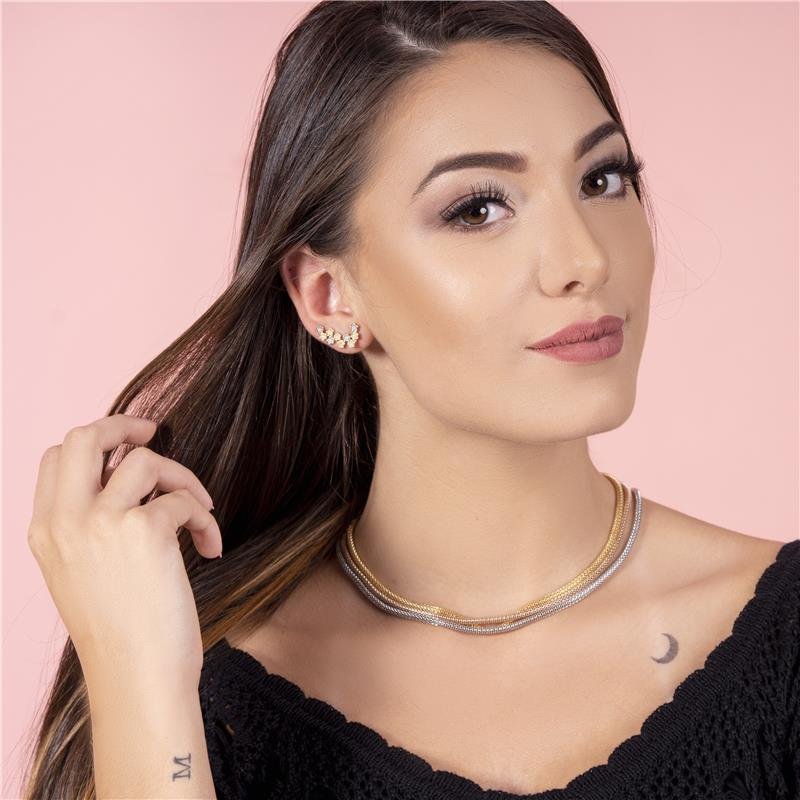 GARGANTILHA MALHA COBRA DIAMANTADA FOLHEADA A OURO ROSE