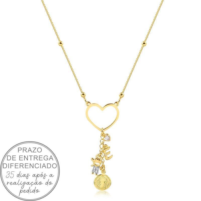 GARGANTILHA BOLINHAS COM CORAÇÃO VAZADO, FIO DE CORRENTE, SÃO BENTO E PONTO DE LUZ PERSONALIZAVEL FOLHEADA A OURO