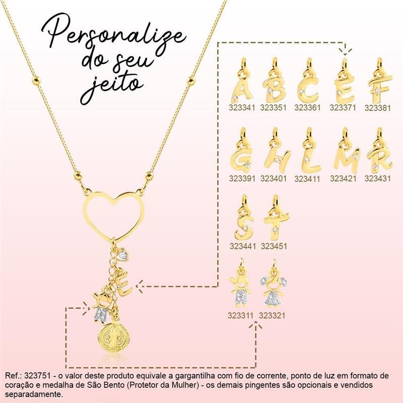 GARGANTILHA BOLINHAS COM CORAÇÃO VAZADO, FIO DE CORRENTE, SÃO BENTO E PONTO DE LUZ PERSONALIZAVEL FOLHEADA A OURO