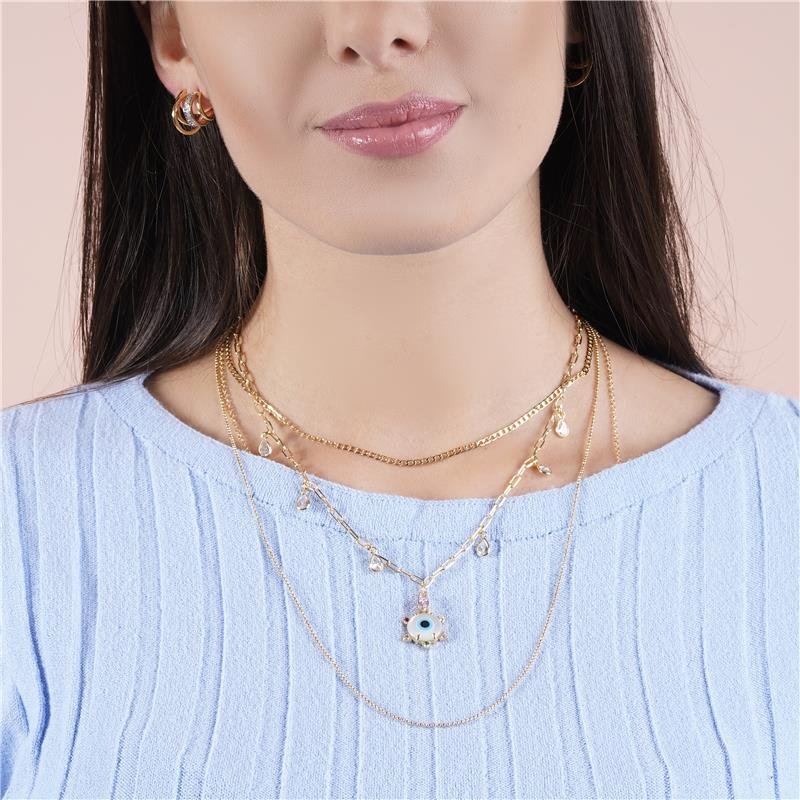 GARGANTILHA COM GOTAS, OLHO GREGO E PEDRAS MULTICOLOR FOLHEADA A OURO