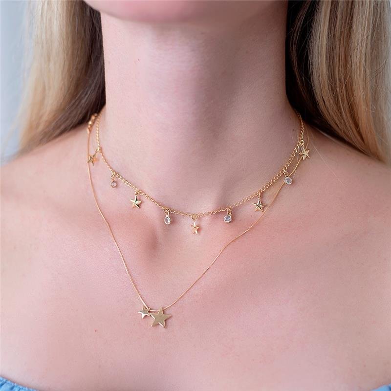 GARGANTILHA CHOKER 34CM COM EXTENSOR DE 10CM ESTRELINHAS COM PONTOS DE LUZ FOLHEADA A OURO