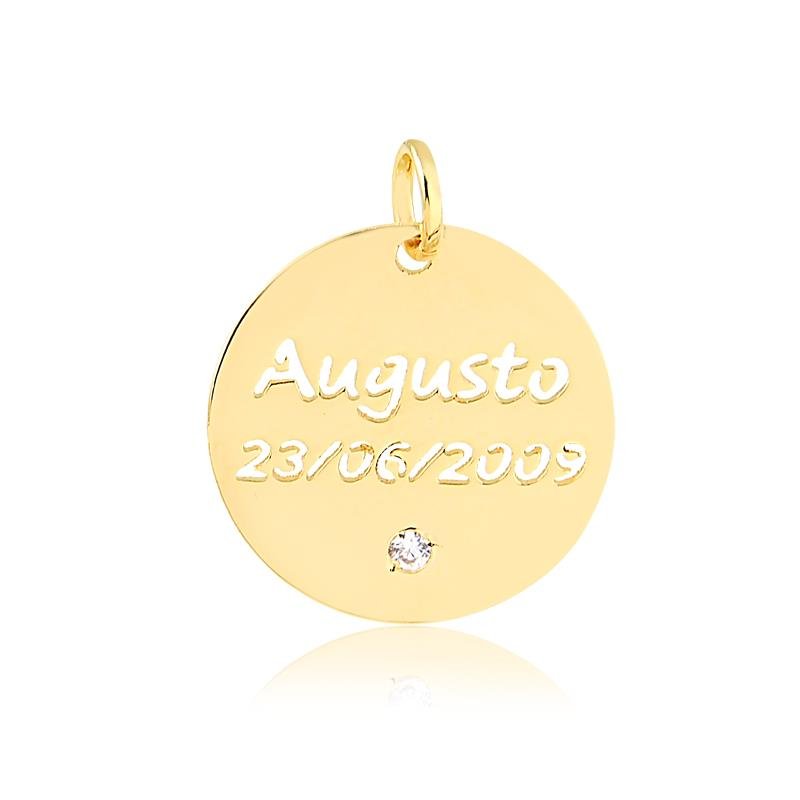 GARGANTILHA 40CM COM EXTENSOR 5CM CIRCULO PERSONALIZAVEL 1 NOME E 1 DATA COM PONTO DE LUZ FOLHEADA A OURO