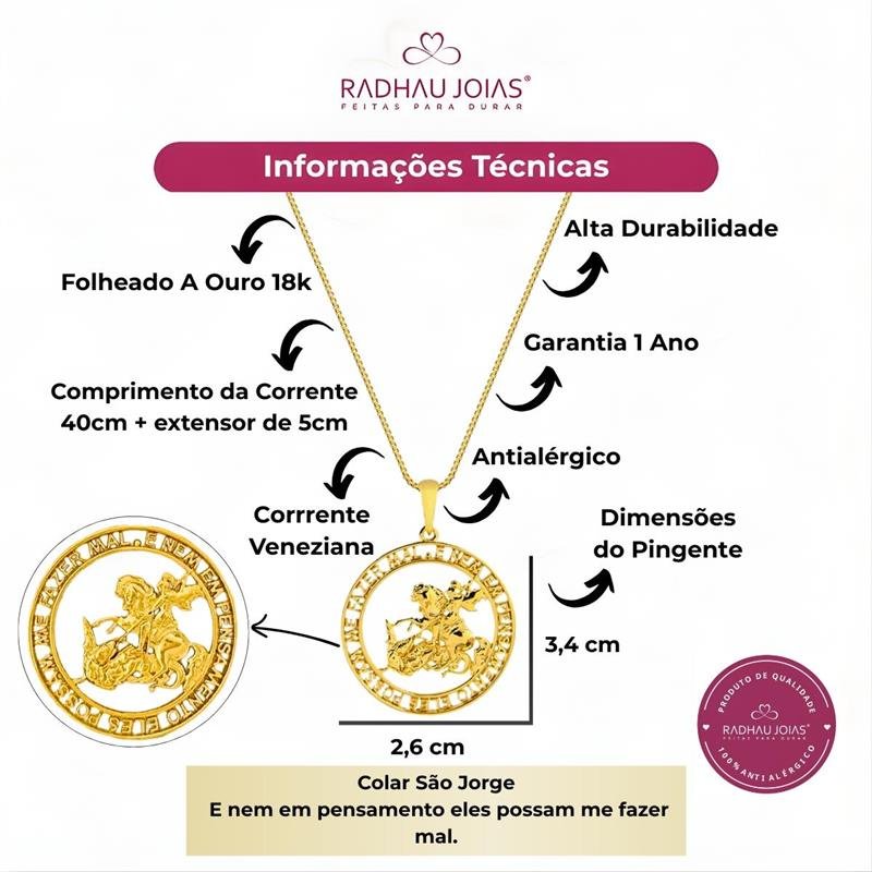 GARGANTILHA SÃO JORGE ' E NEM EM PENSAMENTO ELES POSSAM ME FAZER MAL.' FOLHEADA A OURO