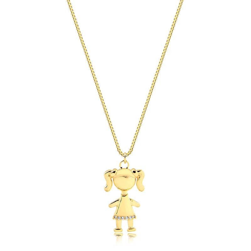 PINGENTE MENINA GRANDE COM PEDRAS DE ZIRCÔNIA FOLHEADO A OURO