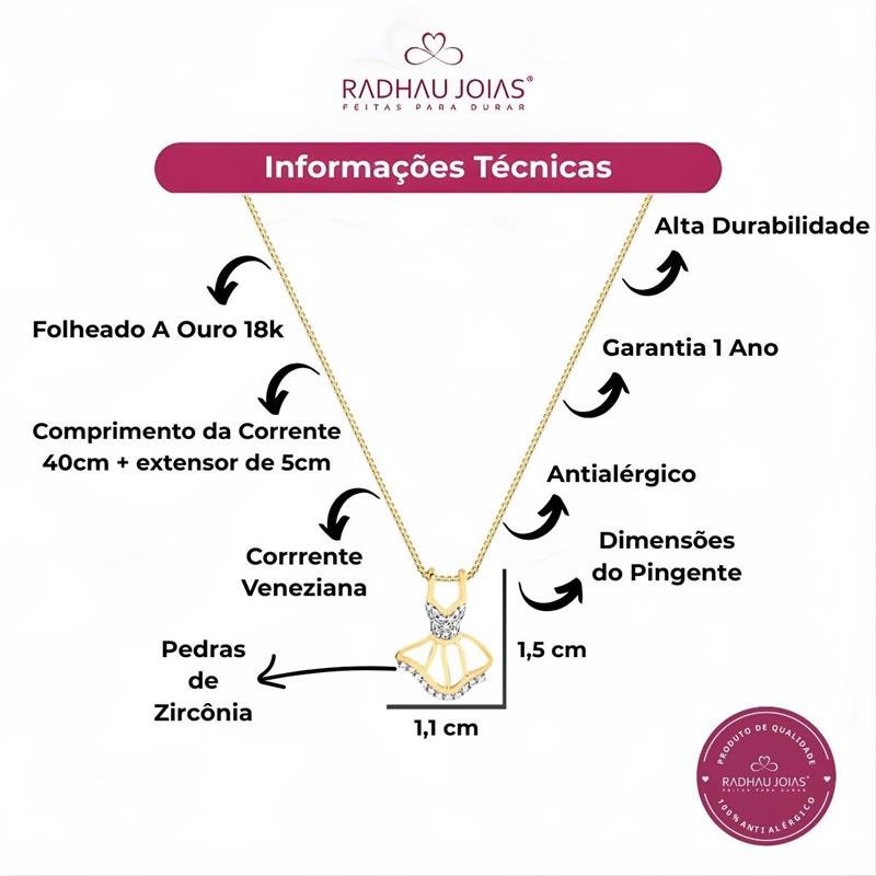 GARGANTILHA VESTIDO VAZADO COM PEDRAS DE ZIRCÔNIA FOLHEADO A OURO