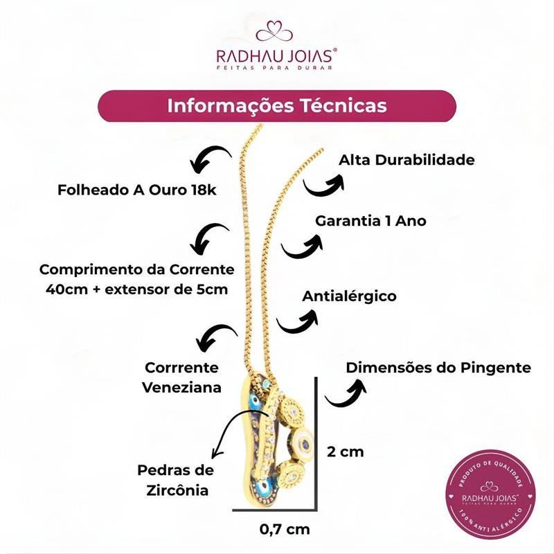 GARGANTILHA CHINELINHO RESINADO OLHO GREGO COM DETALHES EM ZIRCÔNIA FOLHEADO A OURO