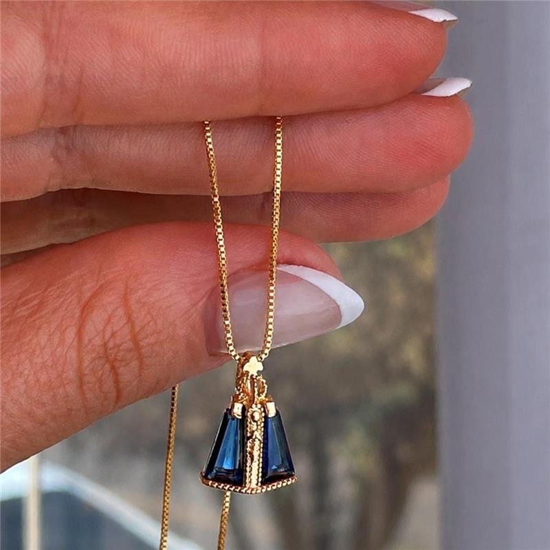 GARGANTILHA VEN.060 PINGENTE NOSSA SENHORA COM PEDRAS SAFIRA FOLHEADA A OURO