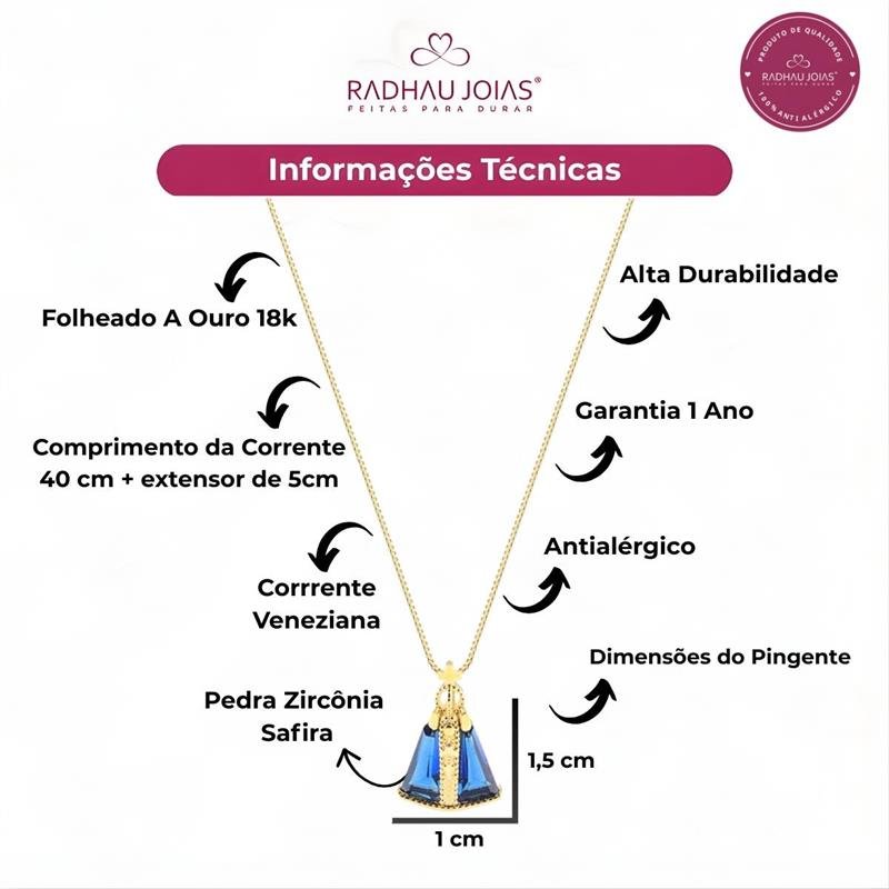 GARGANTILHA VEN.060 PINGENTE NOSSA SENHORA COM PEDRAS SAFIRA FOLHEADA A OURO