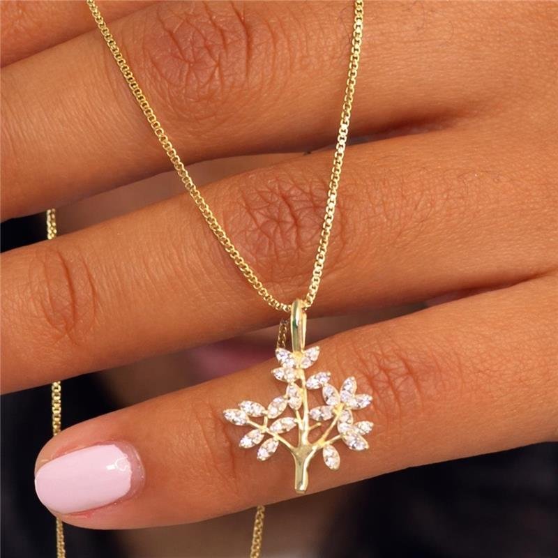 GARGANTILHA ÁRVORE DA VIDA CRAVEJADA COM ZIRCÔNIAS CRISTAL FOLHEADO A OURO