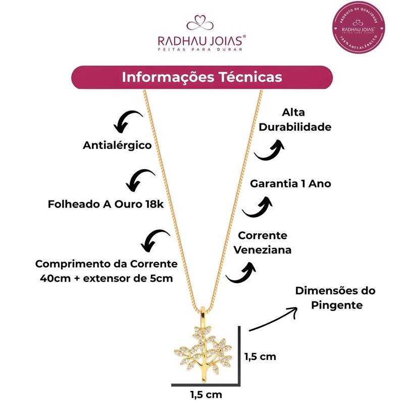 GARGANTILHA ÁRVORE DA VIDA CRAVEJADA COM ZIRCÔNIAS CRISTAL FOLHEADO A OURO