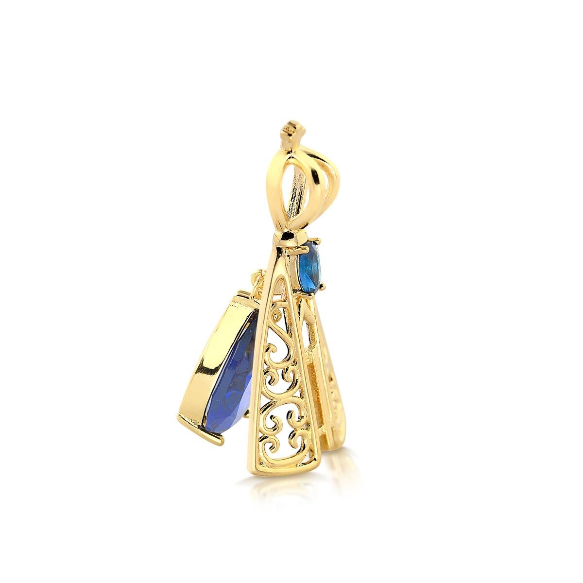 GARGANTILHA NOSSA SENHORA COM PEDRA DE ZIRCONIA SAFIRA FOLHEADA A OURO