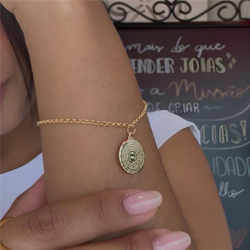 PULSEIRA ELO PORTUGUÊS COM PING PAI NOSSO FOLHEADA A OURO