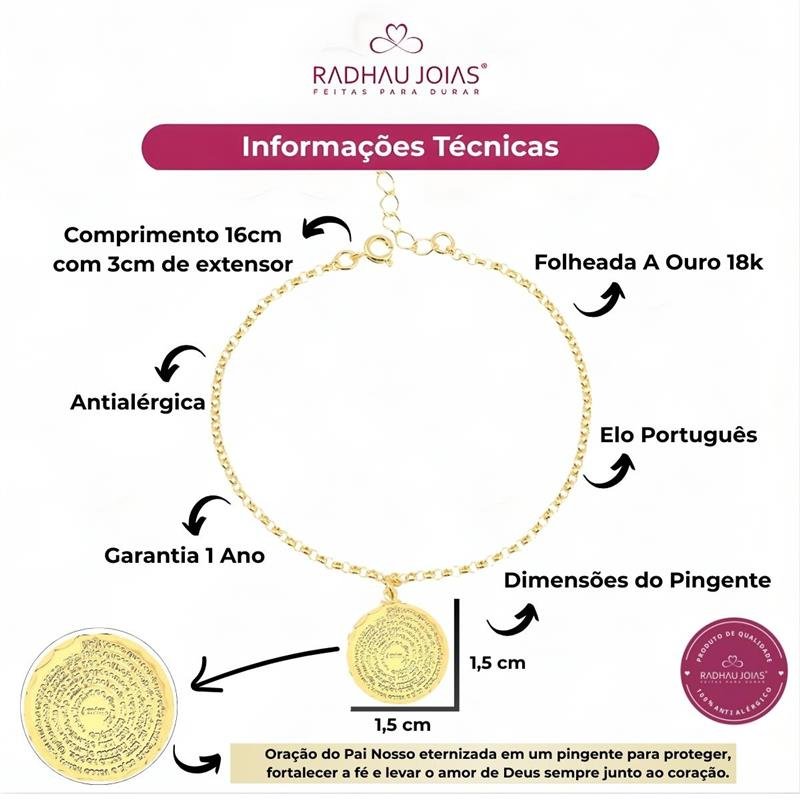 PULSEIRA ELO PORTUGUÊS COM PING PAI NOSSO FOLHEADA A OURO