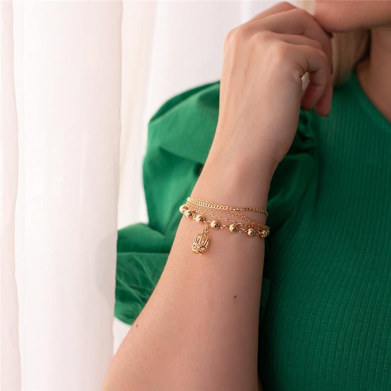 PULSEIRA BOLAS E CORRENTES DIVERSAS COM COROA FOLHEADA A OURO