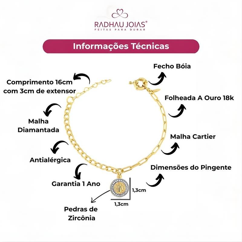 PULSEIRA COM ELO CARTIER E DIAMANTADO, FECHO BOIA E PING SAO BENTO COM PEDRAS DE ZIRCONIAS FOLHEADO A OURO